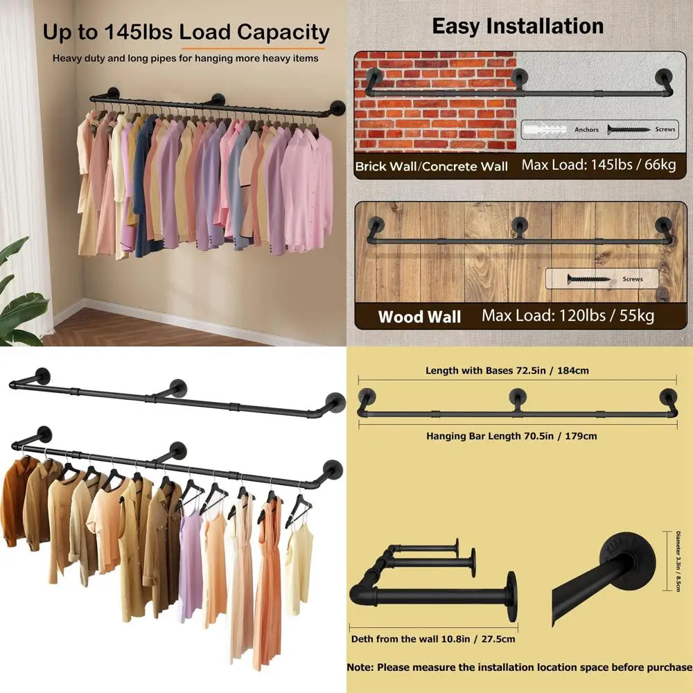 

72.5in Wall-Mounted Industrial Pipe Clothing Rack, Heavy-Duty Detachable Iron Bar, Space-Saving Multi-Purpose Hanging Rod, 2-Pac