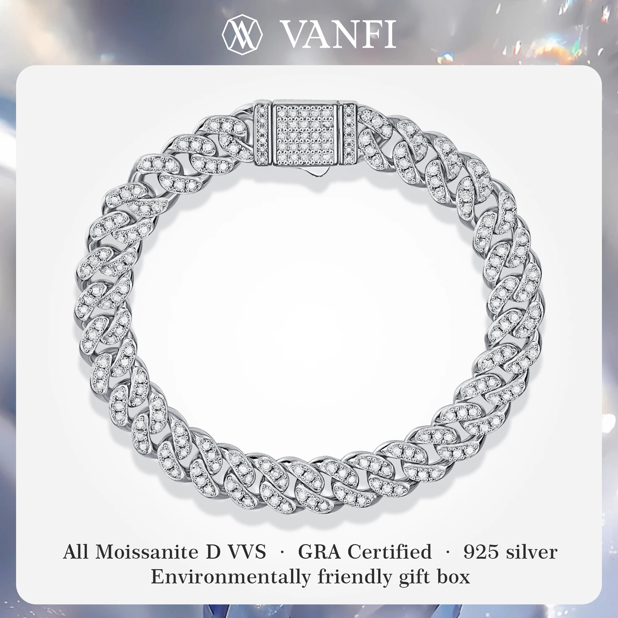 

Kfvanfi 8mm Cuban chain moissanite men's bracelet s925 silver women's bracelet plated with 18k white gold vintage chain jewelry
