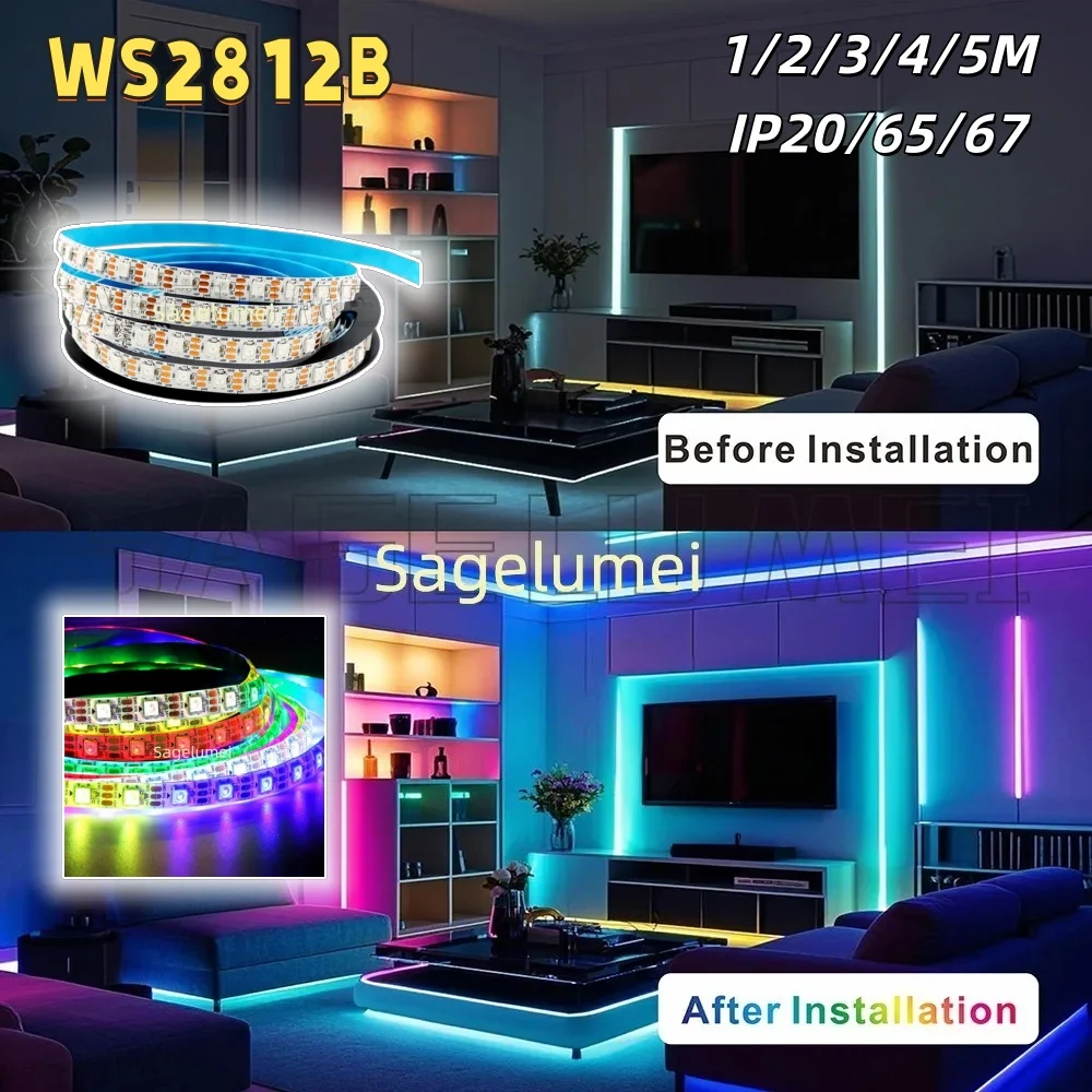 DC5V WS2812B 1M/2M/3M/4M/5M Led Strip 30/60/74/96/144 Leds Smart RGB Pixel Strip Black/White PCB IP20/65/67 WS2811 IC Led Light