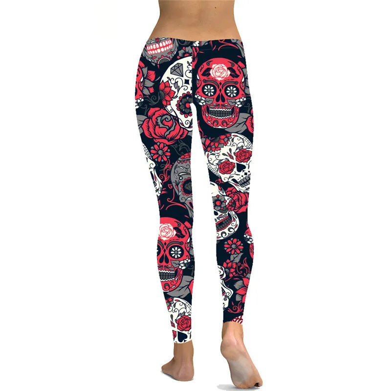 DeanFire Women\'s Sugar Skull Leggings Buttery Soft Rose Printed Halloween Stretchy Pants