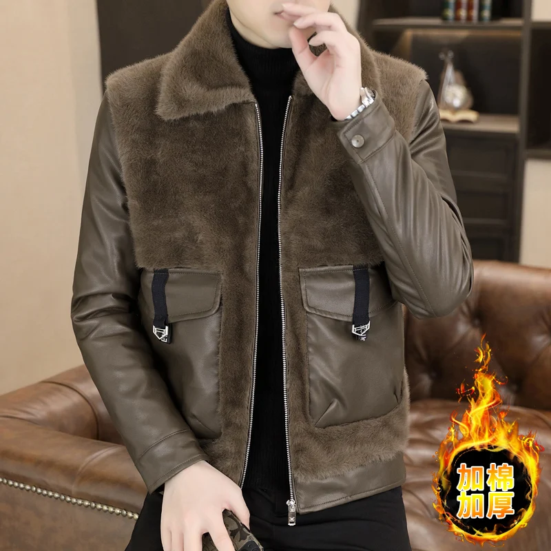 Winter Leather and Fur Integrated Jacket Men Thickened and Warm Faux Fur Jacket Casual Business Social Overcoat Men Clothing