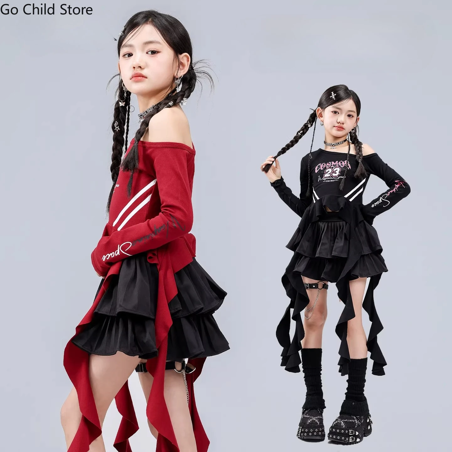 Girls K-pop Sweet Crop Top Layered Skirts Kids Hip Hop Street Dance Clothes Sets Children Girl Group Streetwear Teenage Costumes