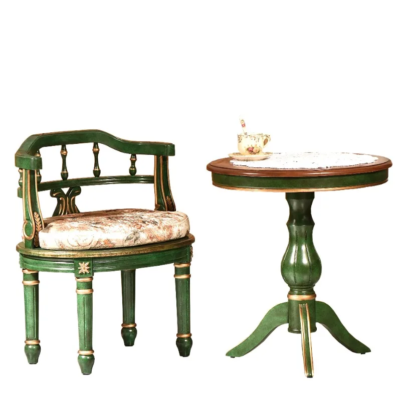 

Single solid wood sofa chair Balcony leisure chair Retro log green back chair Dressing stool European living room