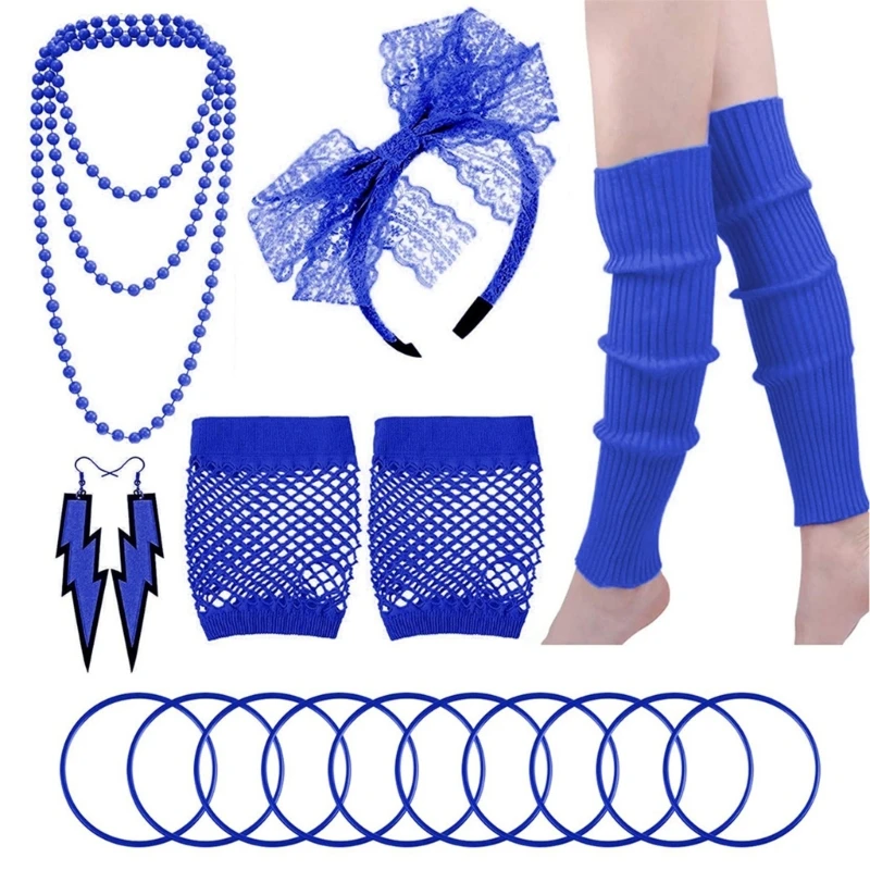 80s Dress Costume Accessories for 80s Party Dress-up Include Headband Earrings Fishnet Gloves Necklace Bracelet