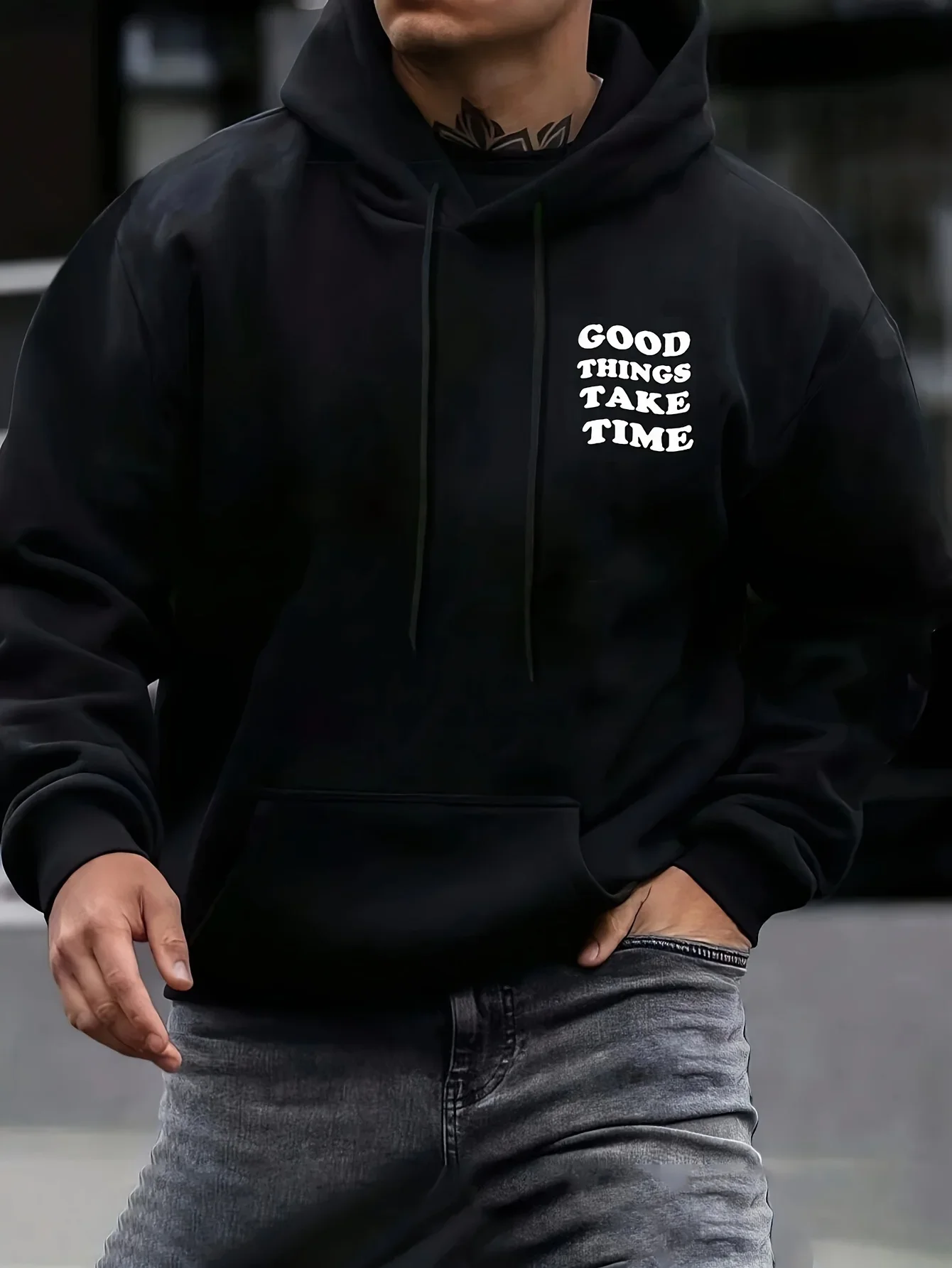 Men's Good Things Take Time Graphic Hoodie Sweatshirt Oversized Streetwear Sportswear Pullover Casual Autumn Winter Hooded Top