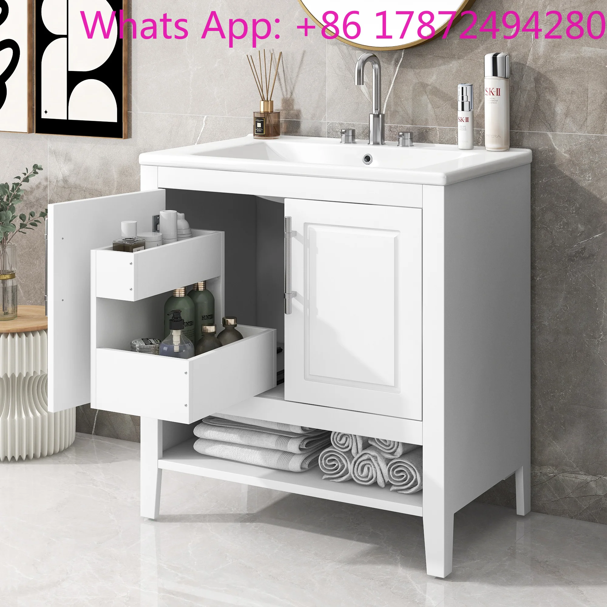Multi-functional Bathroom Cabinet with Doors and Drawers, Solid Frame and MDF Board