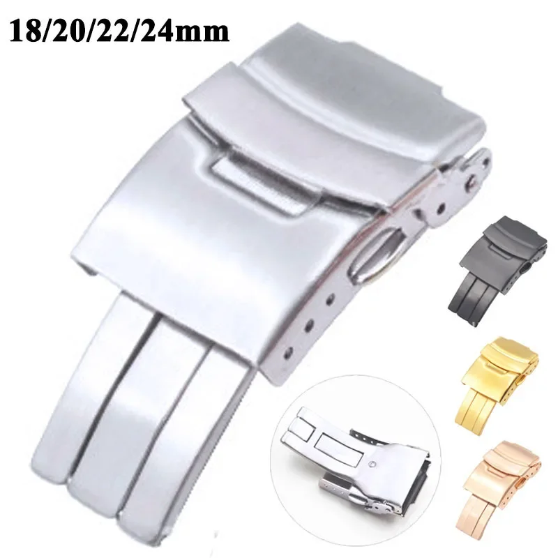 Metal Buckle 18mm 20mm 22mm 24mm 304 Stainless Steel Metal Folding Buckle Accessories Double Press Button Solid Watch Clasp