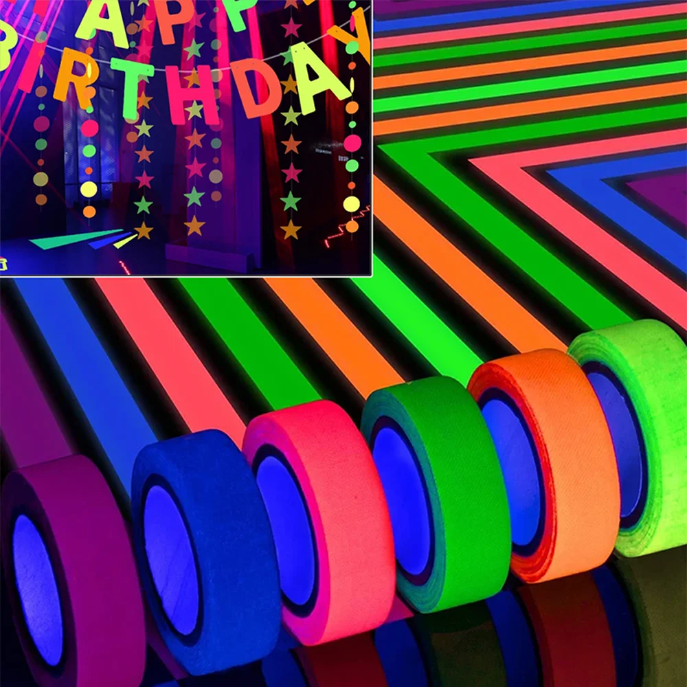 6-Color Neon Tape, UV Active, Fluorescent Tape Suitable for Black Light Parties, DIY Decoration and Color Marking, Versatile