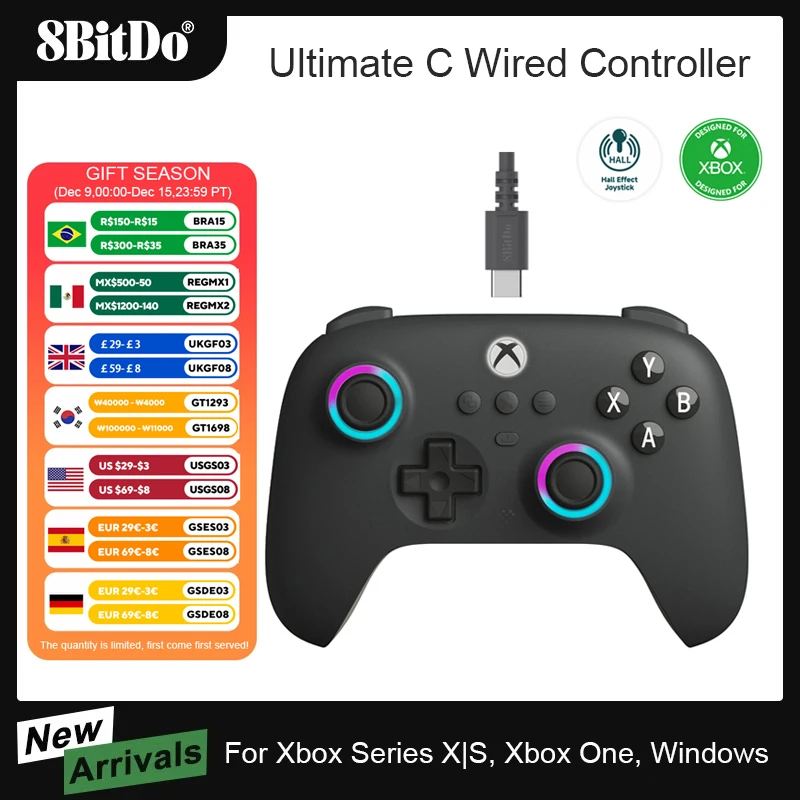 8BitDo Ultimate C Wired Game Controller for Xbox Series X/S Xbox One with RGB Lighting Hall Effect Joysticks for Windows 10/11