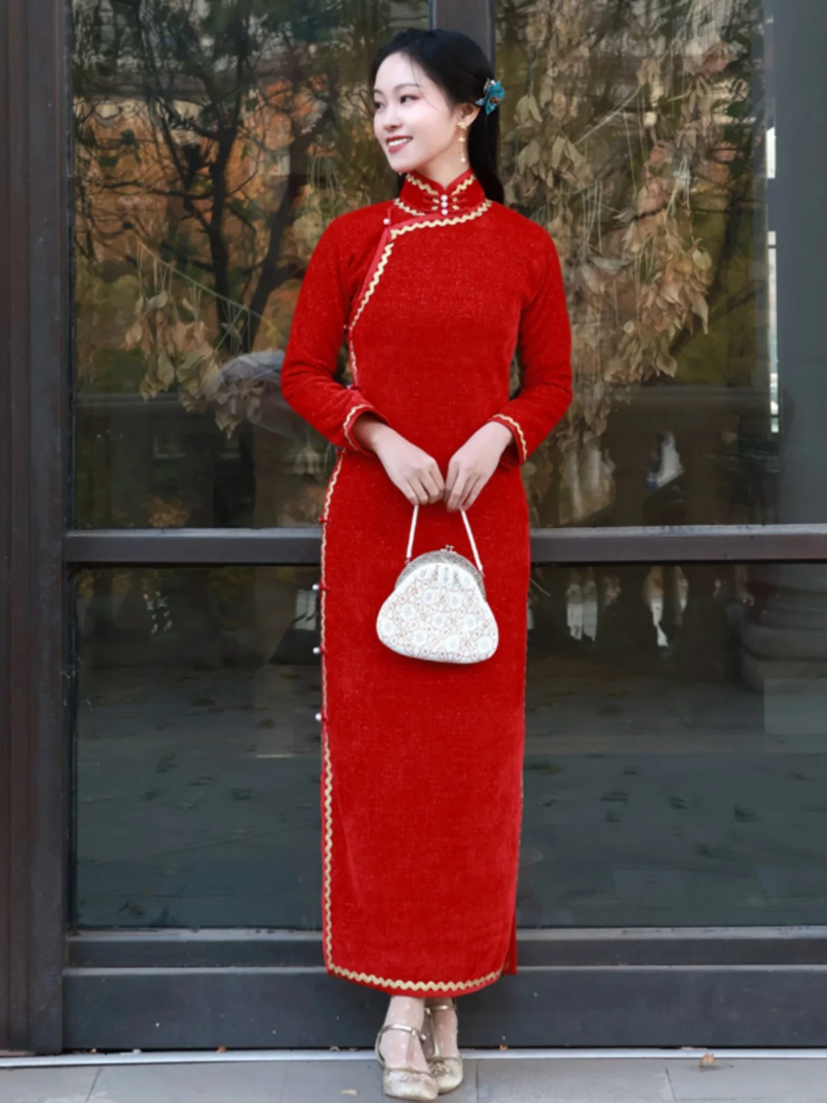 

Qingan Rose Red Long Sve Comfortable Double Layer Cisas Wedding Daily White Enhancing Women's Wear