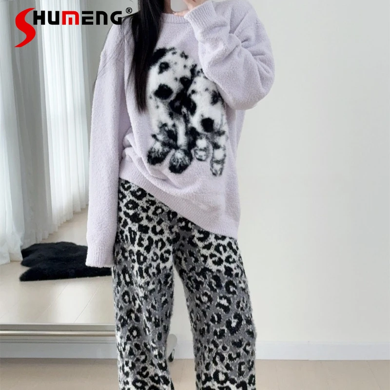 

Теплый домашний комплект с круглым вырезом для женщин: пижама из искусственного меха норки, флисовый костюм для сна, пушистый, для осени и зимы