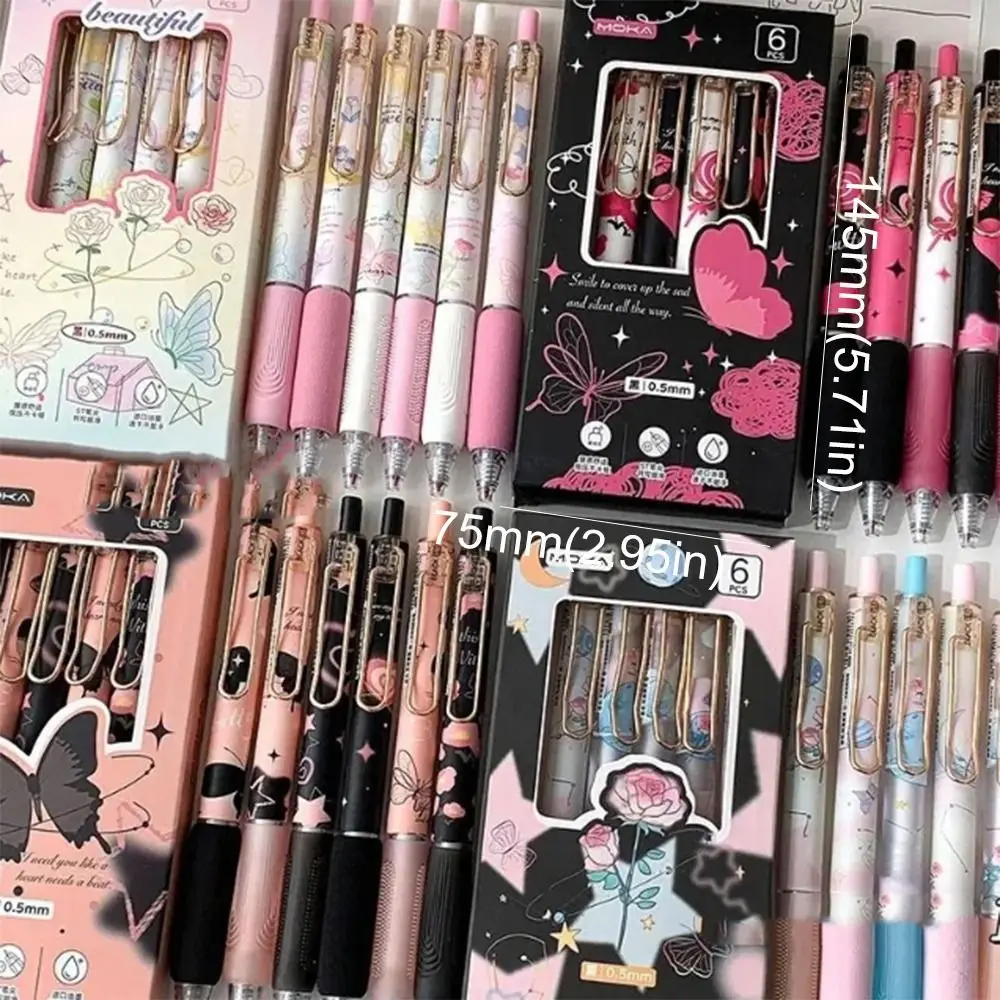 6PCS Kawaii Leuke Druk Gel Pen Vlinder Serie Mooie Esthetische 0.5mm Schrijven Pen Goed Uitziende ST Penpunt zwarte Inkt Pen