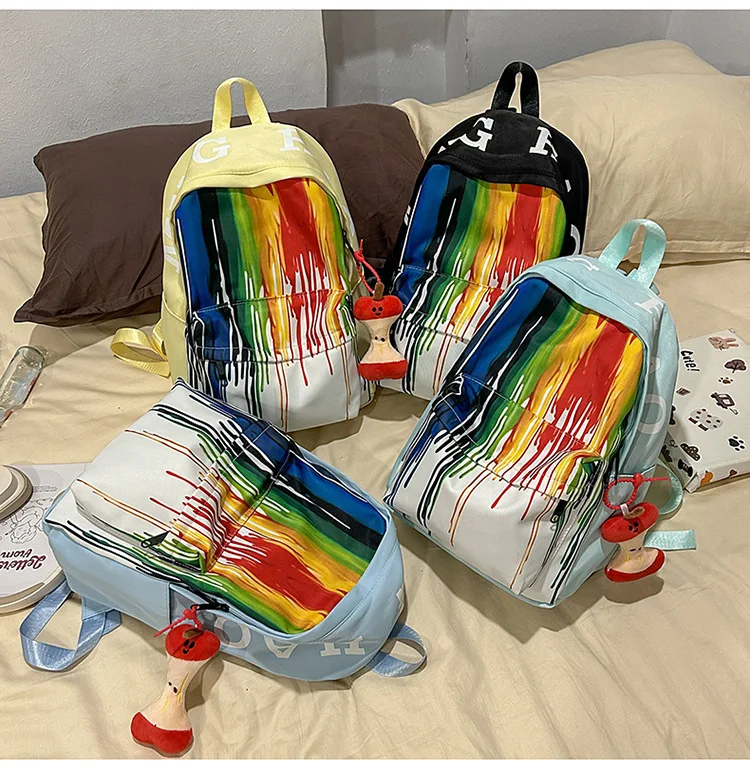 

Студенческий рюкзак Rainbow Graffiti, легкий нейлон, большая вместимость, милый кулон, водонепроницаемый дорожный рюкзак