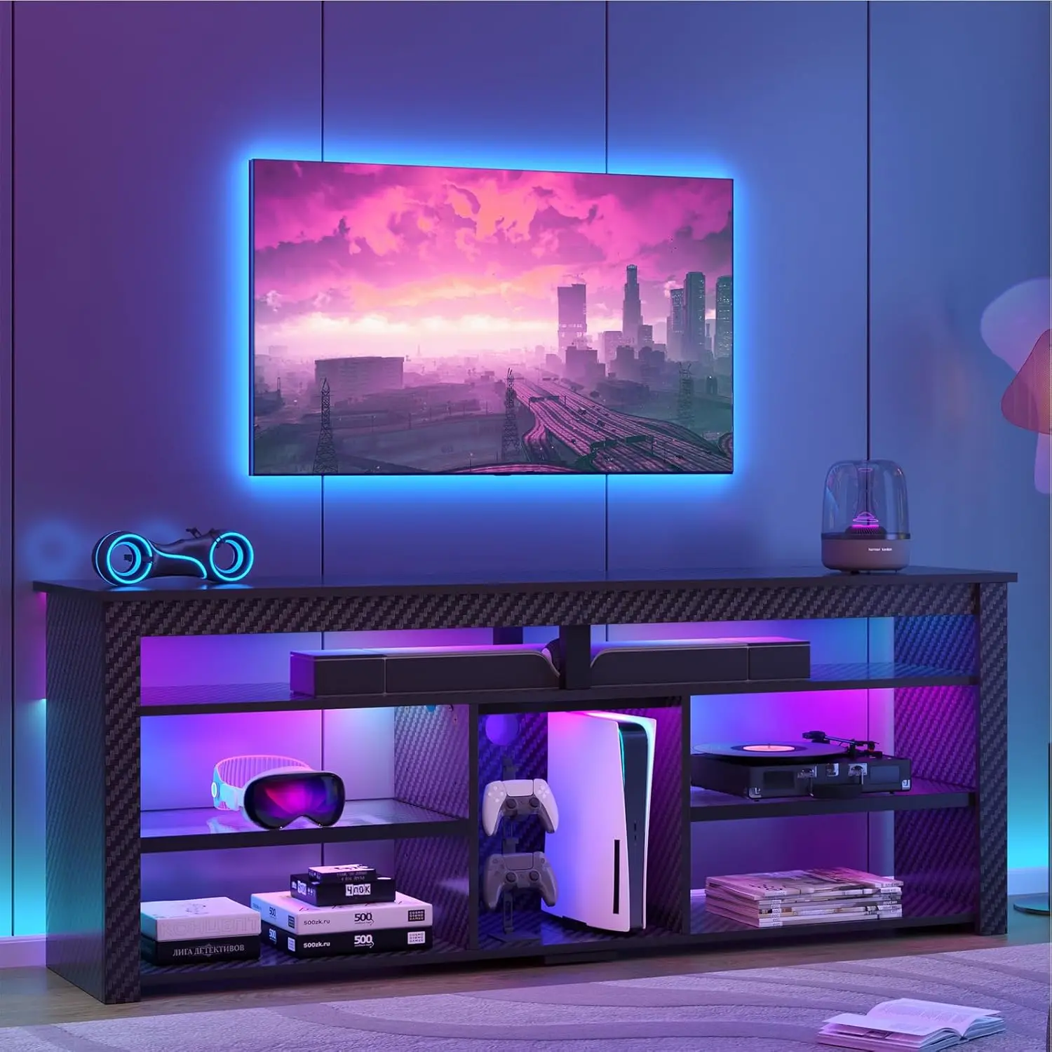 

TV Stand for 65/70 inch TV, Tall Entertainment Center with 2 Led Lights, Gaming TV Console with Storage for PS5, Modern