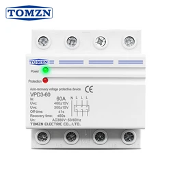 TOMZN 60A 380V Three Phase Four Wire Din Rail Auto Recovery Reconnect Over Voltage And Under Voltage Protective Protection Relay