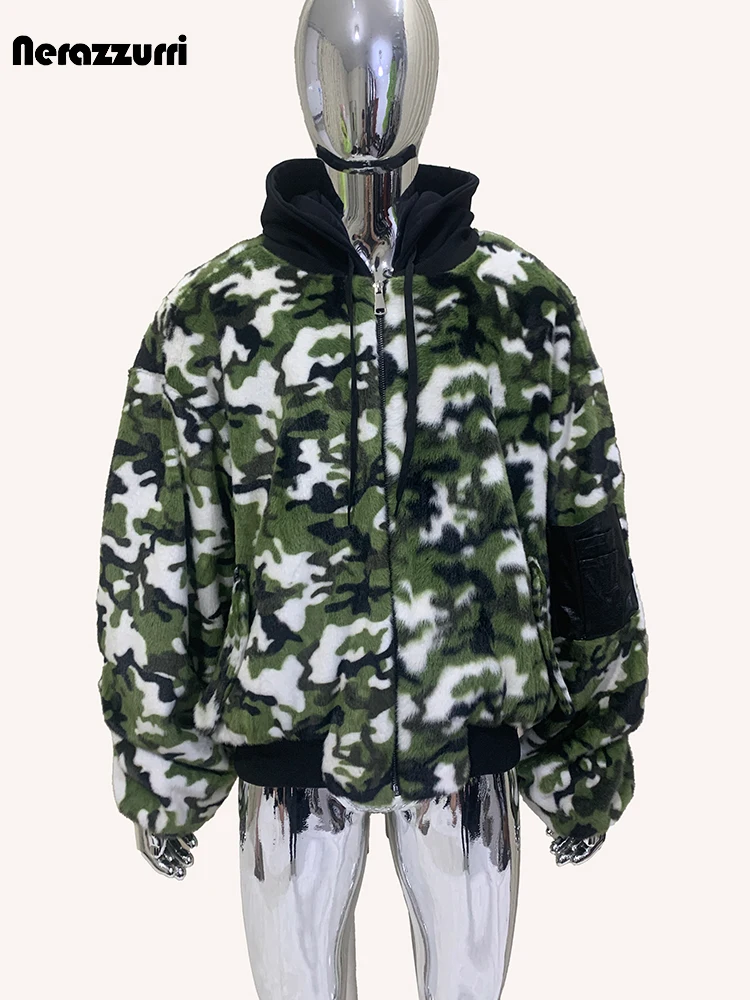 nerazzurri Autumn Winter Oversized Soft Warm Soft Camouflage Faux Fur Coat Men with Hood Fake 2 Pieces Hoodie Fluffy Jacket 2024