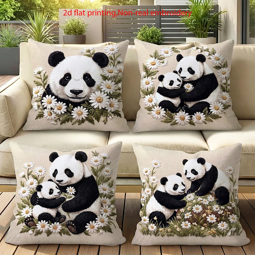 1/4pcs Cute Mother and Baby Panda Daisy Floral  Throw Pillow Cover Home farmhouse outdoor decoration cushion cover