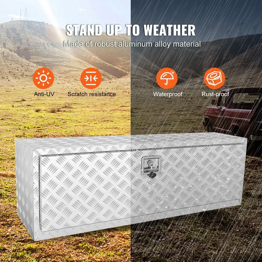 Underbody Truck Box 48×17×18 Pickup Storage Box Heavy Duty Aluminum Diamond Plate Tool Box with Lock and Keys Waterproof Trail