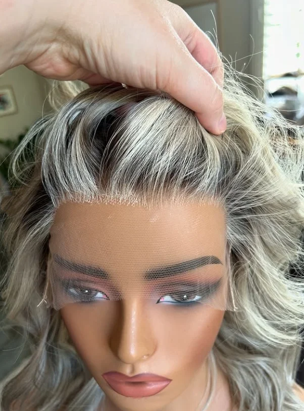 لينة الرماد الداكن خطوط الباروكات شعر مستعار قصير متموج أومبير الرماد أبرز الجزء الأوسط قطع h.d الدانتيل شعر مستعار أمامي شعر فاخر شعر مستعار طبيعي #5