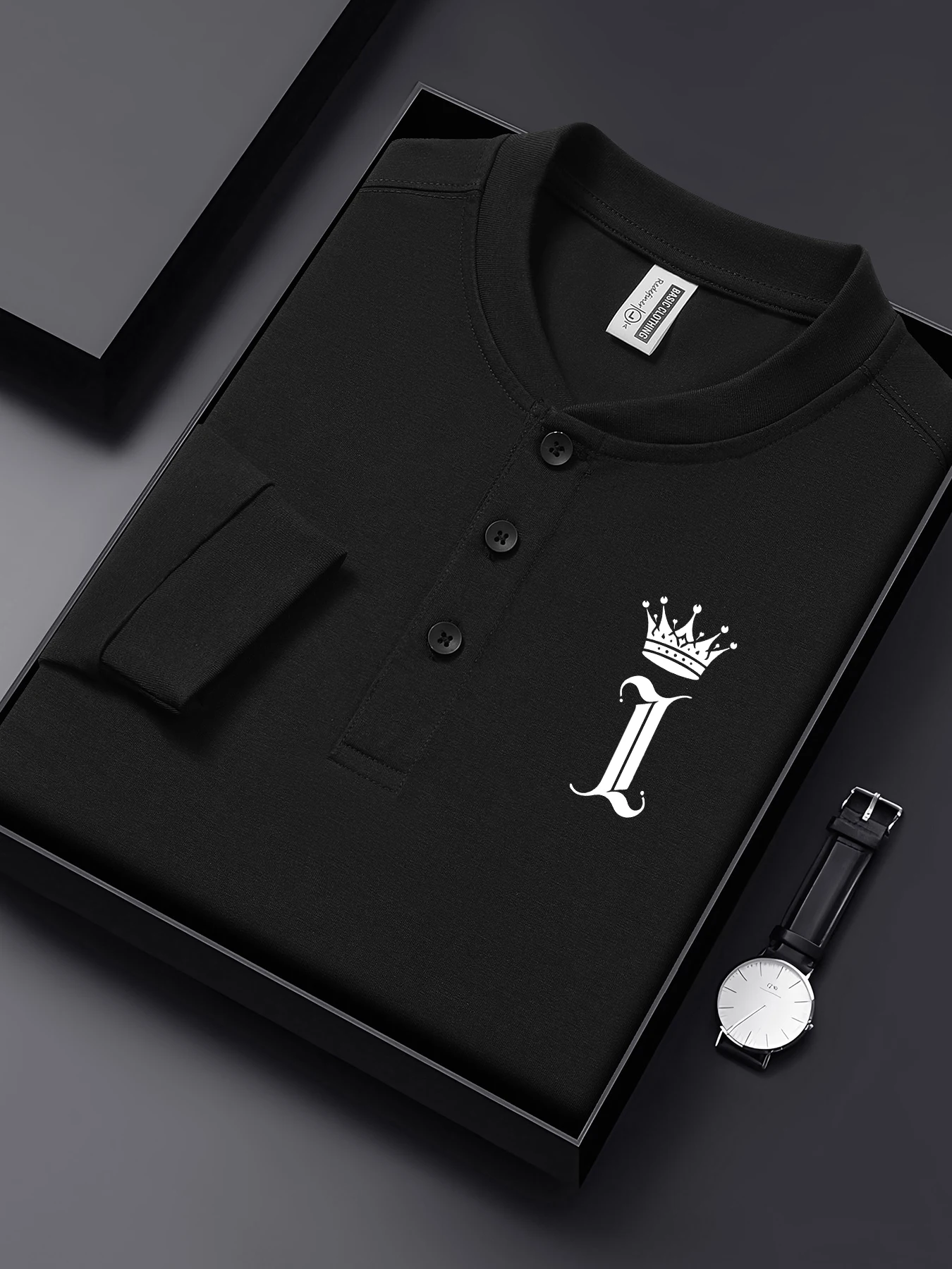 

Crown Letter I Simple Pattern Henley Shirts Men Cotton Casual T Shirt Business Loose Clothing Autumn Henry Neck Streetwear