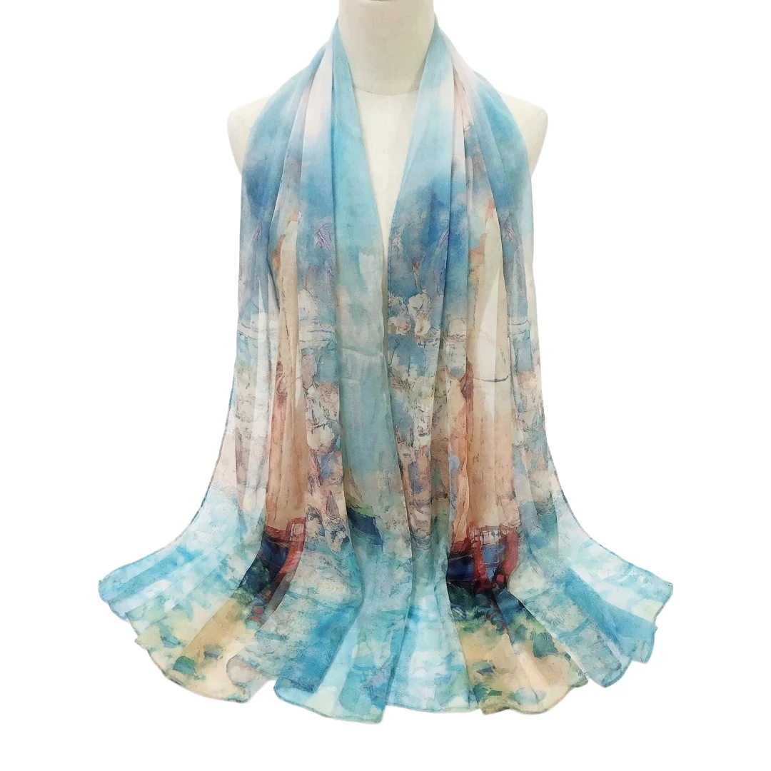 

Lightweight 100% Mulberry Silk Chiffon Scarf for Women Oblong Shawl Neck Scarf Beach Wrap Headscarf Gift Pack Blue Oil Painting