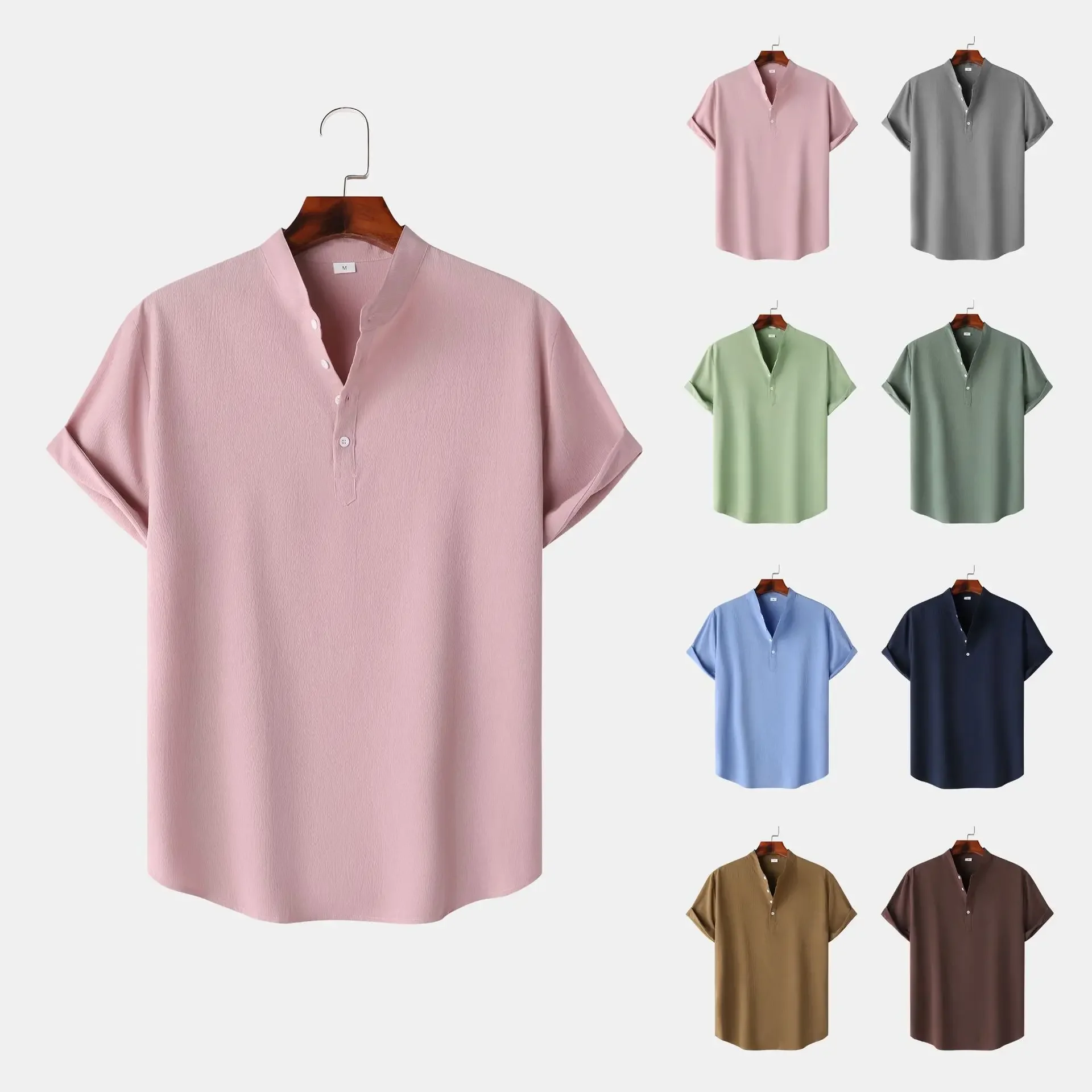 Summer Mens Top Short Sleeved Pullover Shirt Solid Color Stand Up Collar Shirt Home Youth Loose Fitting Shirts for Men