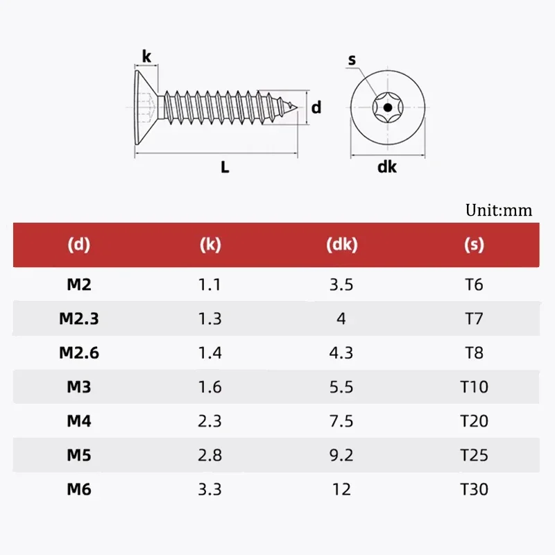 M2 M2.3 M2.6 M3 M4 M5 M6 304 Stainless Steel Pin Six Lobe Torx Flat Countersunk Head Tamper Proof Security Self Tapping Screw