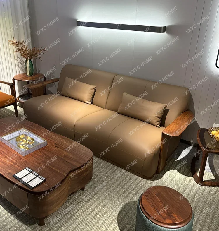 Medieval high-end black walnut leather three-person home living room straight sofa
