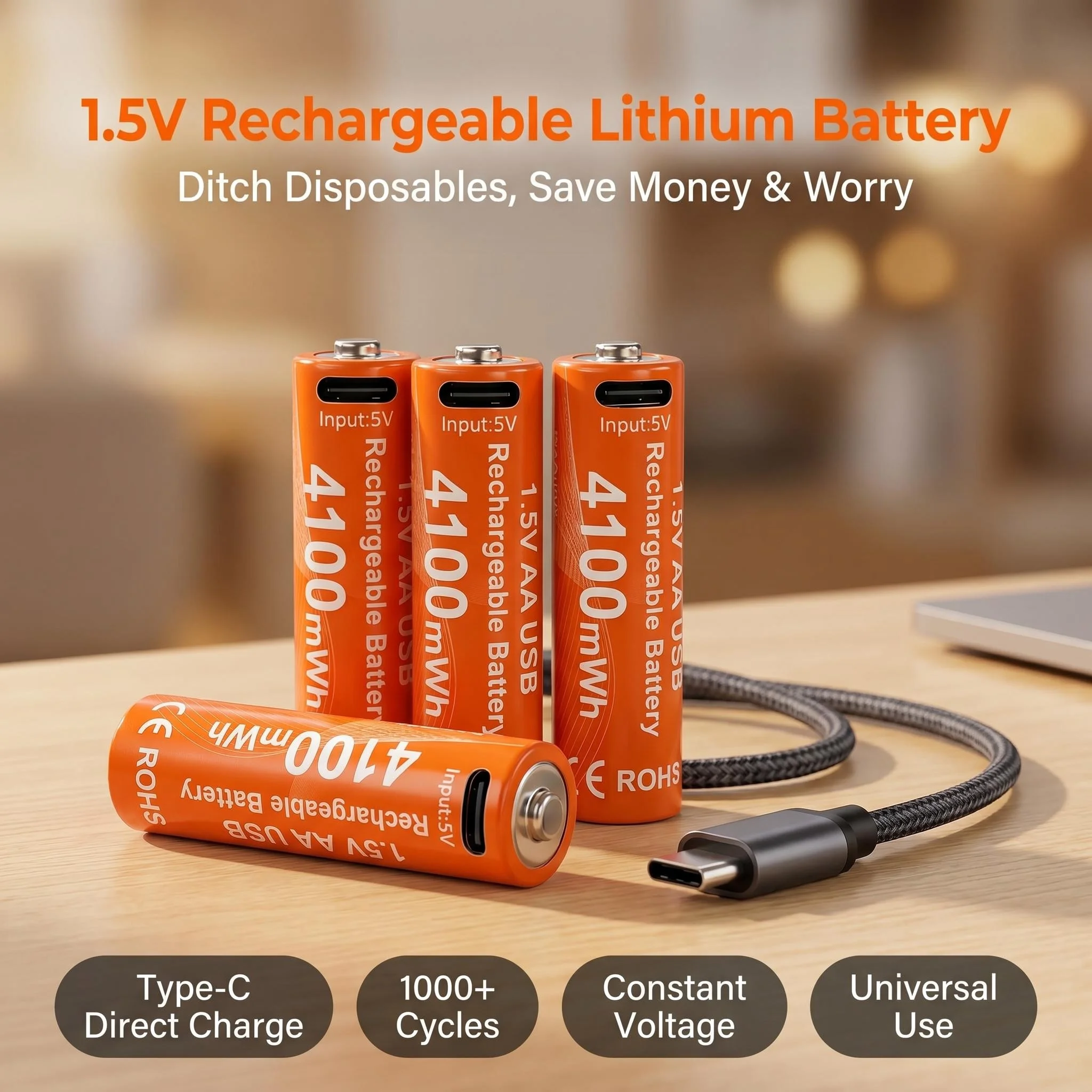 Kuugro Highest Capacity 1.5V 4100mWh AA Rechargeable Battery USB Li-ion Aa Battery for Camera Flash Godox TT520 II TT560 II Etc