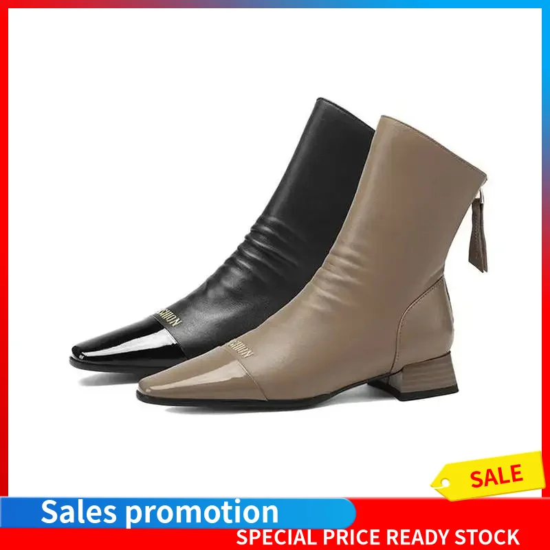 Women Vintage Slouch Sheepskin Ankle Boots Square Toe Rear Zipper 3CM Low Block Heel Rubber Sole Fleece Pigskin Lined Wide F165