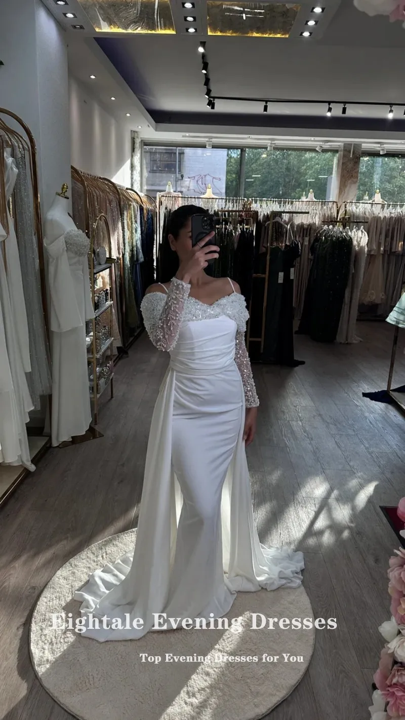 فستان سهرة عربي Eightale لحفلات الزفاف بدون أكتاف وأكمام طويلة بطول الأرض فستان حورية البحر مسلم أسود مخصص للحفلات الراقصة