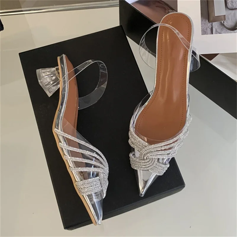 Eilyken Elegant PVC Transparent Crystal Low Heels Pointed Toe Women Pumps Street Style Slingbacks Banquet Party Shoes