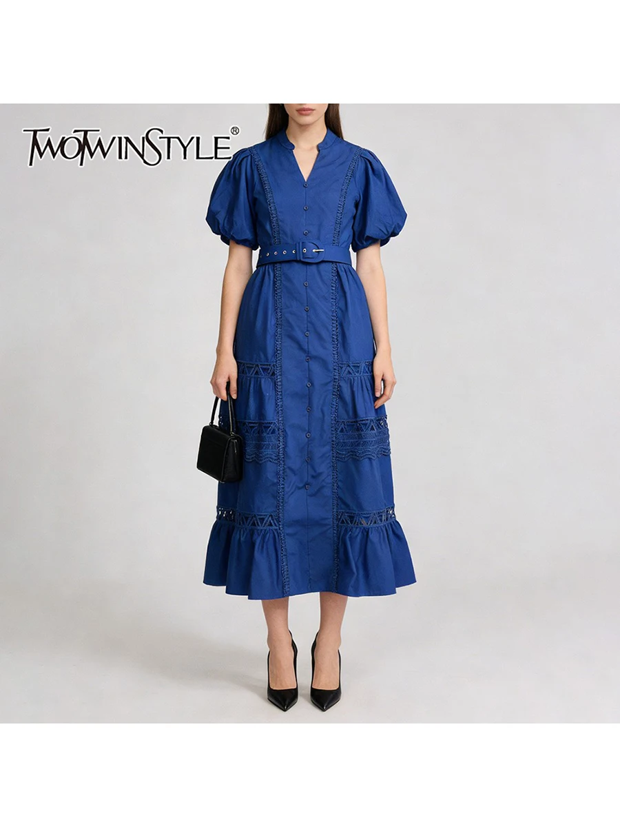 

TWOTWINSTYLE Solid Hollow Out Spliced Belt Elegant Long Dresses for Women V Neck Short Sleeve Patchwork Buttons Dress Female New