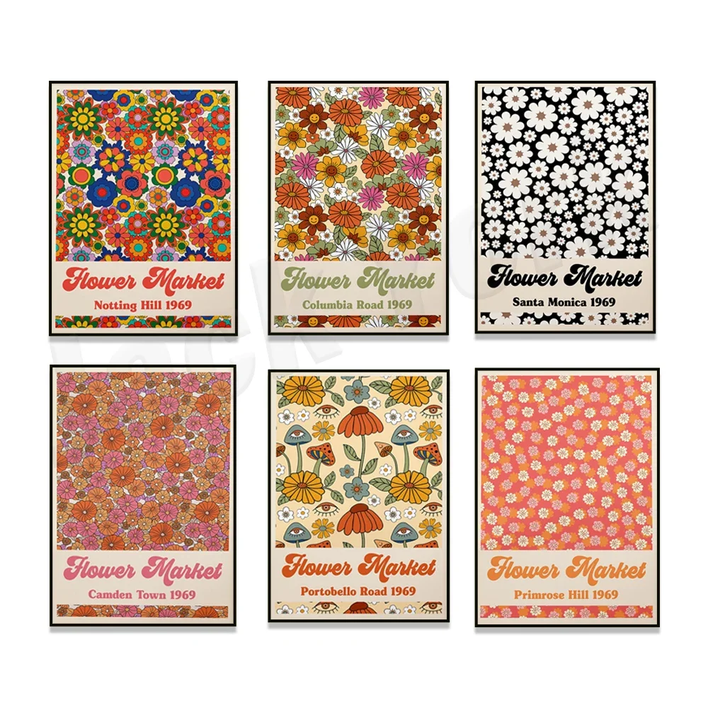 

Notting Hill, Naples, Santa Monica, Ibiza flower market poster, 60s 70s vintage flower market, bohemian hippie 1970s decor