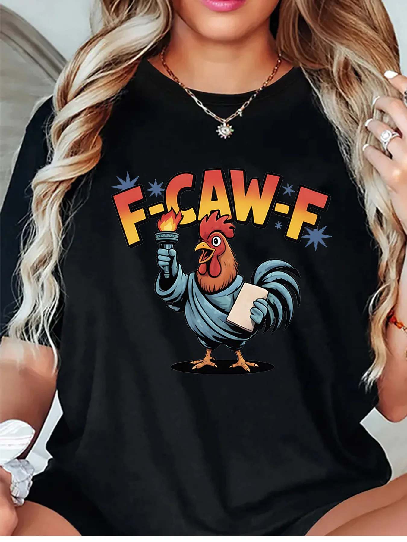 F Caw F Funny Rooster Statue Liberty Torch Art Graphic Womens T Shirt Short Sleeve Crew Neck Daily Casual Ladies Tee Tops