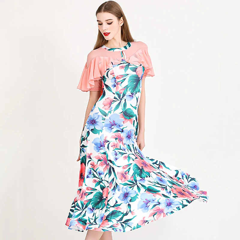 

Practice Dance Dress dark green Dress pink Waltz Crewneck Short Sleeve Printed Flamenco Stage Costume