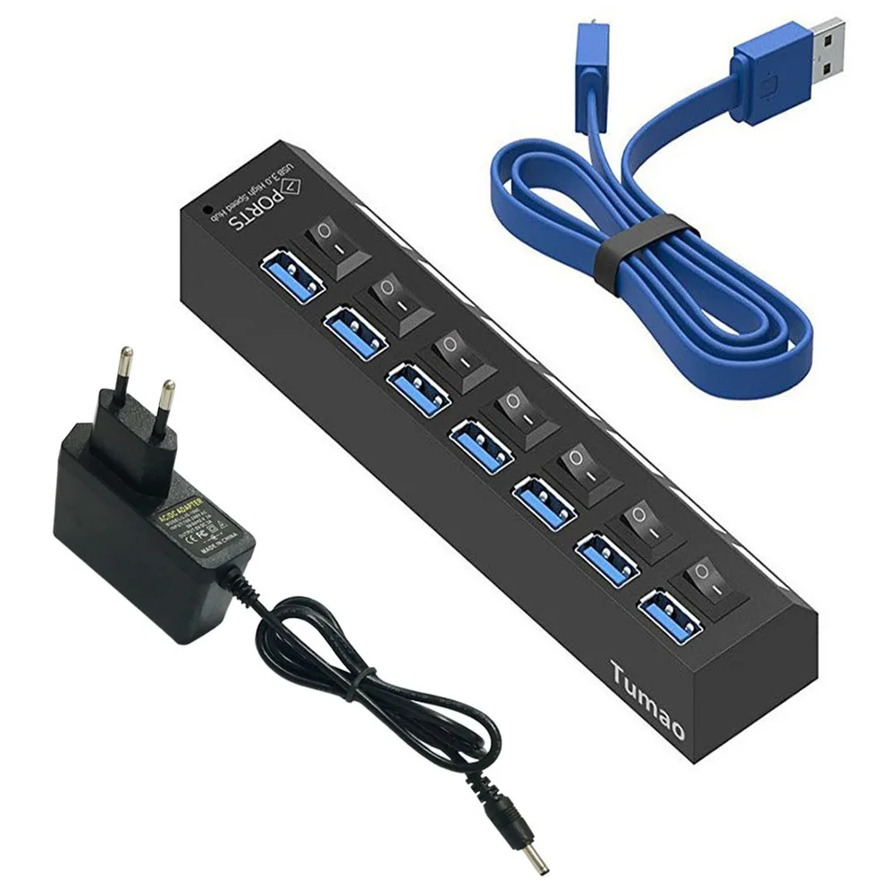 Multi-Port USB3.0 HUB 4/7Port 5Gbps High Speed Expander, Individual Switches & Power Adapter for Laptop Desktop Notebook PC
