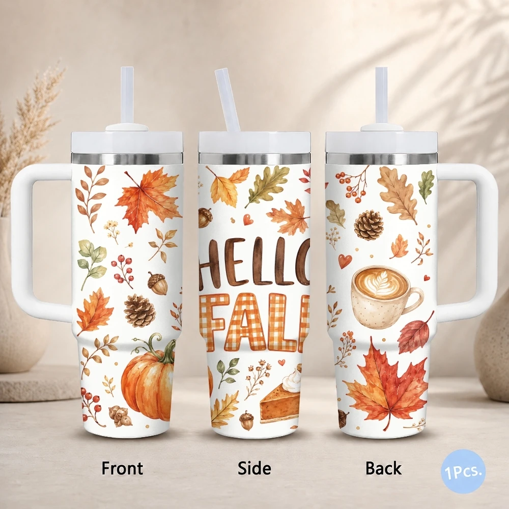 Hello Fall Pumpkins Leaves Thanksgiving Vacuum Flasks 40oz Stainless Steel Insulated Tumbler Handle & Straw Leakproof Travel Mug