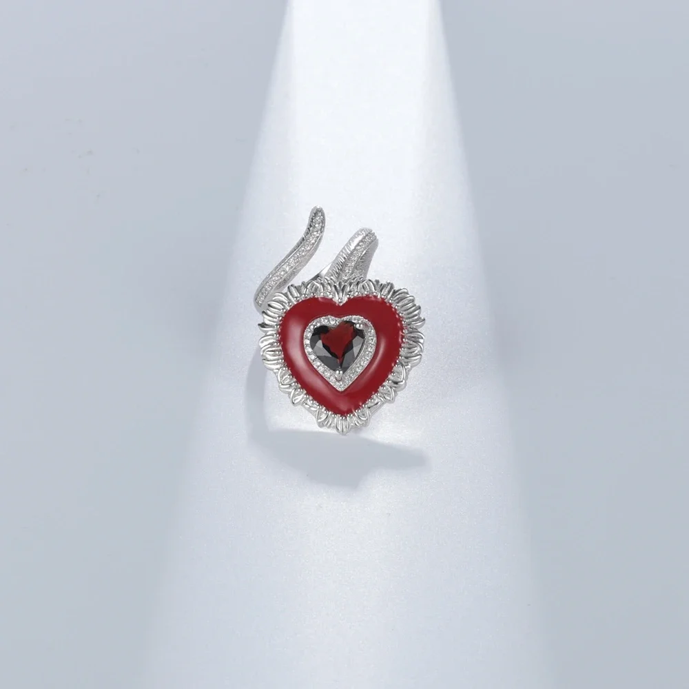 GEM\'S BALLET Heart Love Natural Red Agate Ring 925 Sterling Silver Original  Adjustable Open Finger Ring Enamel Vintage Jewelry