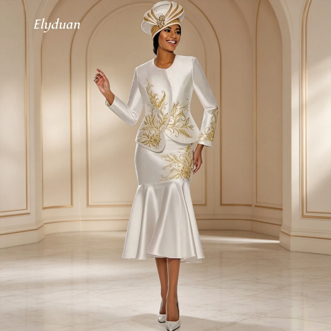 Elegant White Satin Mother of the Bride Suit Dress Long Sleeve Jacket Midi Length Gold Embroidery Wedding Party Gown Customized