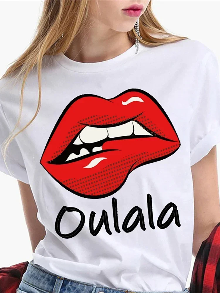 Woman\'s T-shirt Blouse Fashion Sexy Red Lip Tops Funny Kiss  Short Sleeve Female White Harajuku Clothes Streetwear Tops Y2k