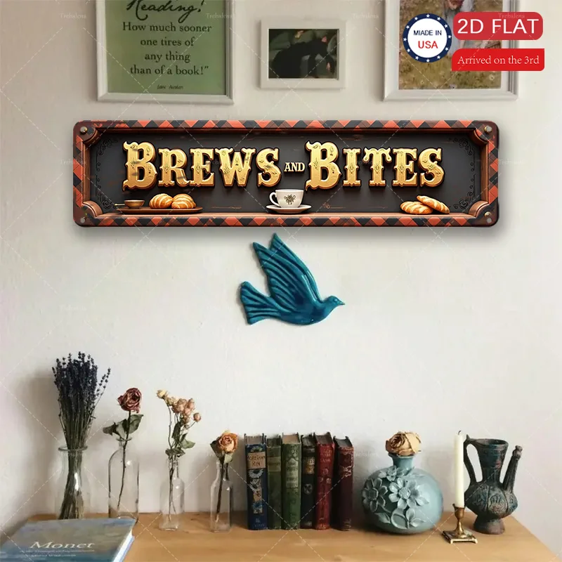 قطعة واحدة من لافتة معدنية، مقاس 4 × 16 بوصة "علامة "Brews and Bites" لديكور المقهى - فن معدني على الطراز العتيق"