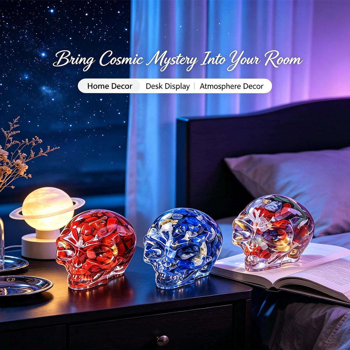 7pcs/set  Natural Crystal Chips Alien Skull Ornament, Resin Skull Head Sculpture for Halloween Atmosphere Home Gothic Decor