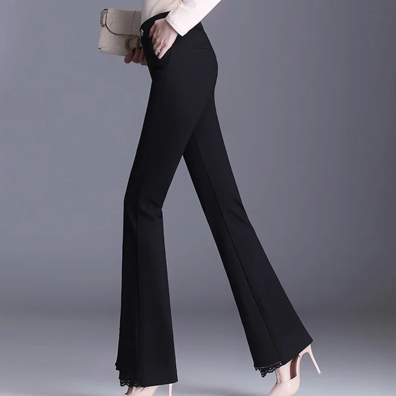 Spring Autumn Women 2022 New Commute Button Elastic Waist Fashion Foot Mouth Splicing Lace Black Pockets Split Straight Trousers