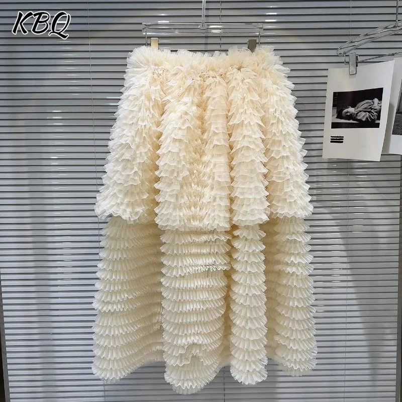 KBQ Solid Sweet Mesh Spliced Folds Long Skirts For Women High Waist Temperament Chic Tutu Skirt Female Fashion Style Spring New