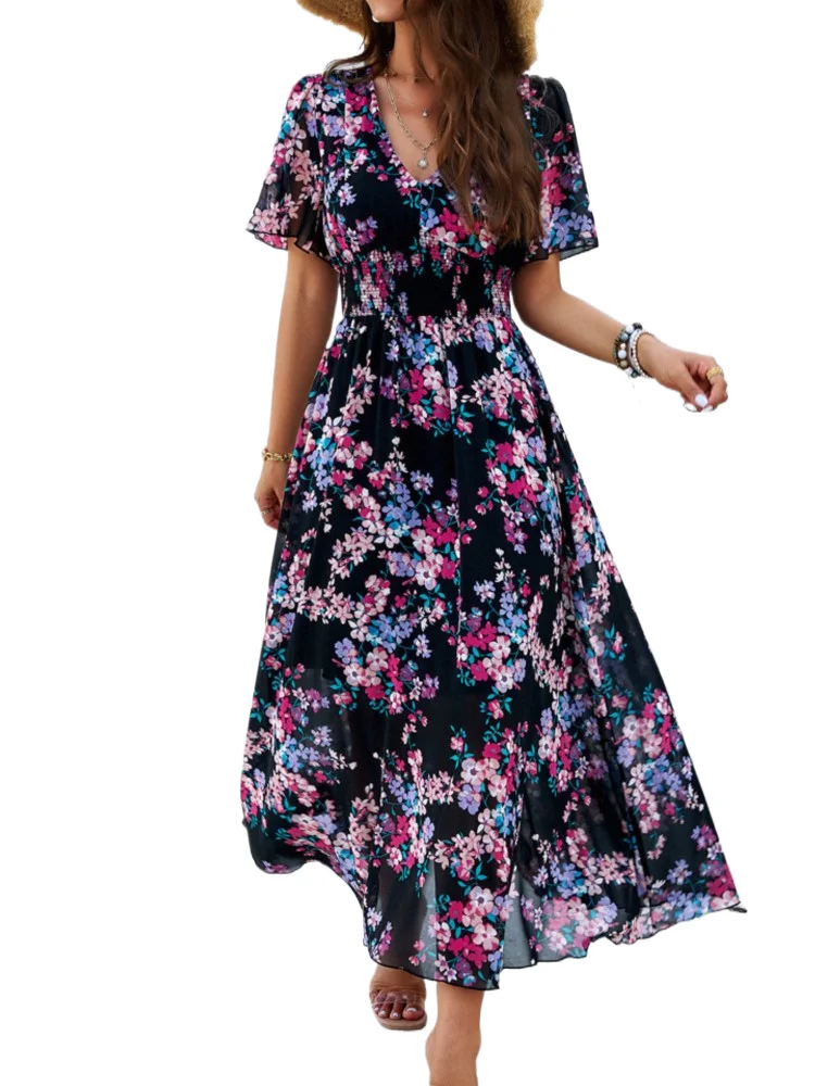 

Fashion Elegant Floral Print Dress Lady Casual V Neck Short Sleeve High Waist Loose Dresses For Women Beach Holiday Party Skirts