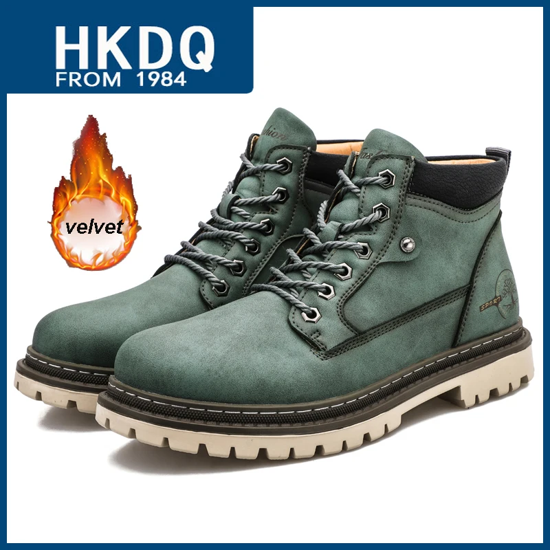 

HKDQ Winter Velvet Warm Men's Boots Retro Green Leather High Top Tooling Boots For Men Comfy Casual Mens Ankle Boots Big Size 47