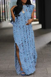 Plus Size Daily Light Blue Round Neck Short Sleeve One Shoulder Split Ripped Denim Maxi Dresses