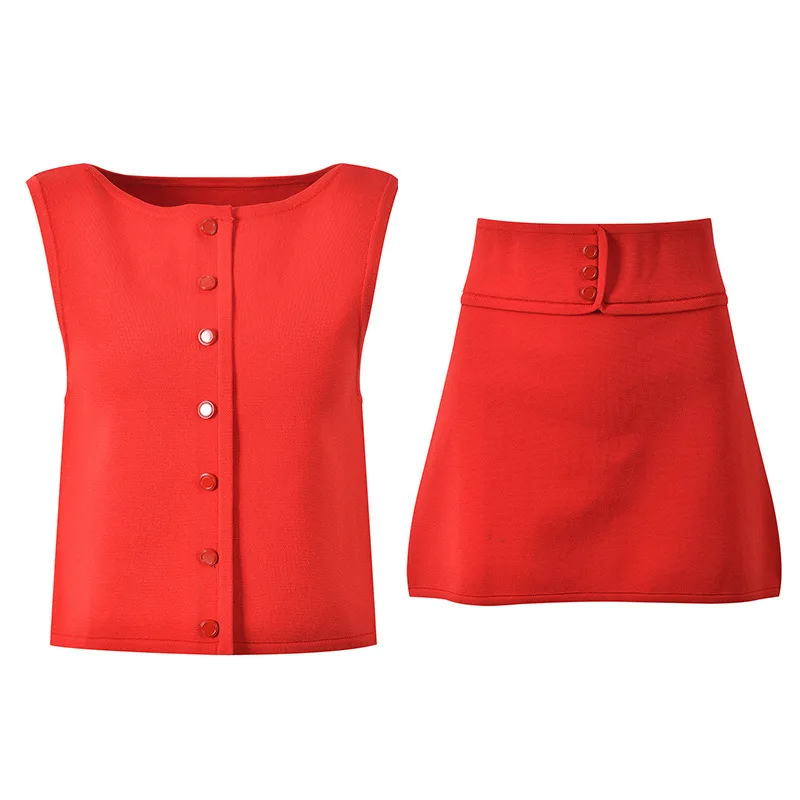 CHUJIE Dames 2025, zomers gebreid vest met rode knopen aan de voorkant + rok met hoge taille - mouwloze outfit van viscosemix met ronde hals