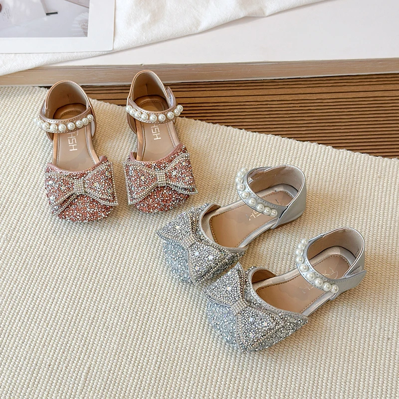 Girls' Leather Shoes 2026 New Rhinestone Single Shoes Fashionable Girls' Bow Princess Shoes Children's Toe Cap Crystal Sandals